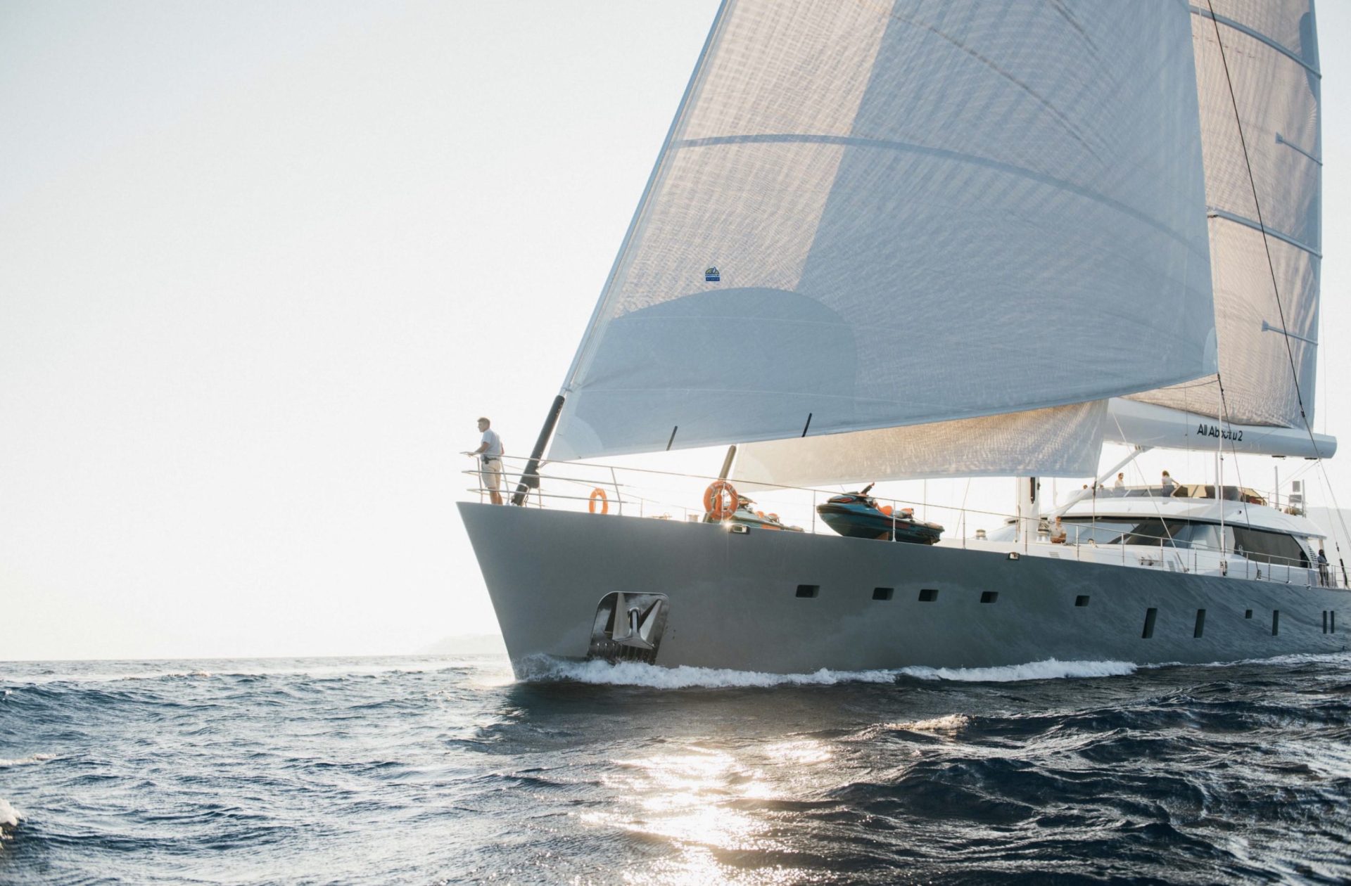 Sailing superyacht in choppy water