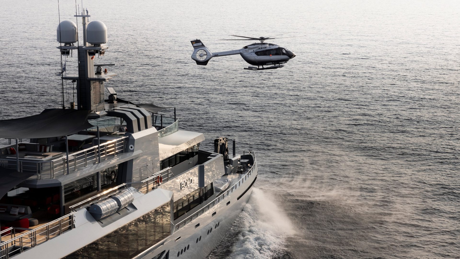 Helicopter takes off from Superyacht deck
